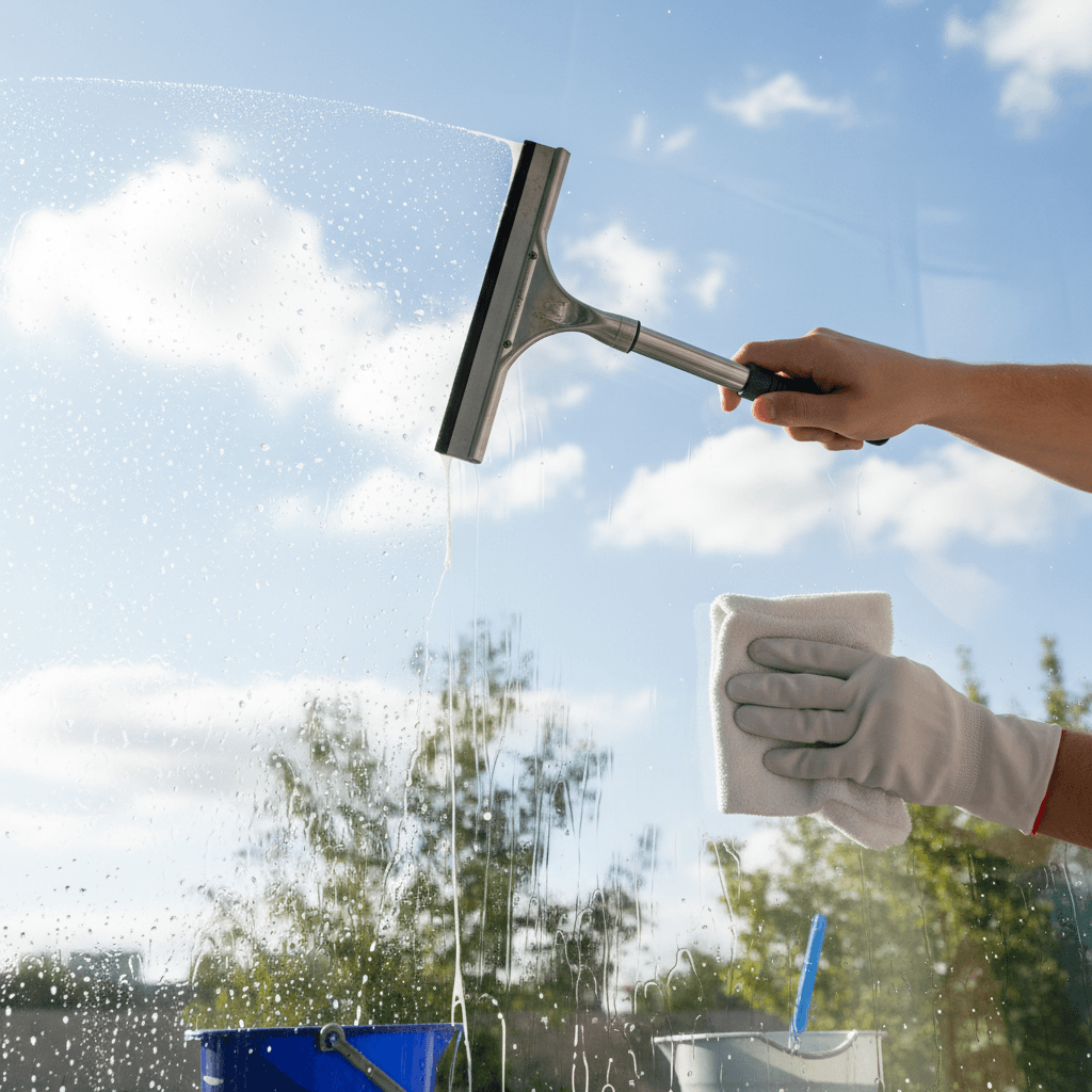 Professional window cleaning with squeegee and microfiber cloth