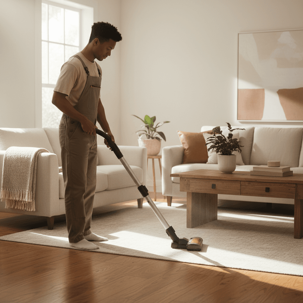 Residential home cleaning in a bright, organized space