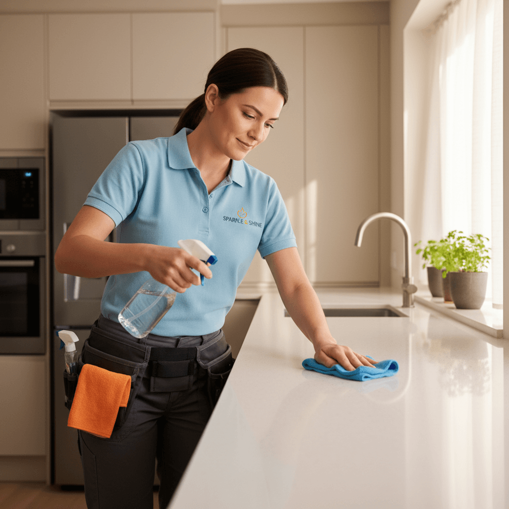 Professional cleaner polishing a kitchen countertop