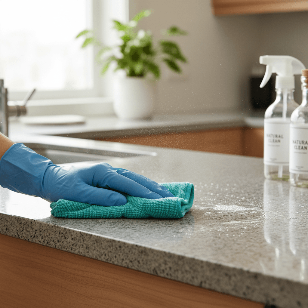 Professional cleaner wiping down kitchen counter with attention to detail