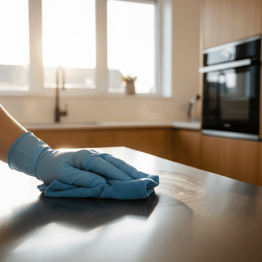 Professional cleaner carefully wiping a kitchen surface