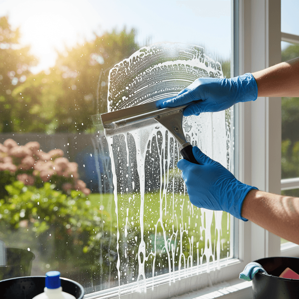 Professional window cleaner working on residential glass