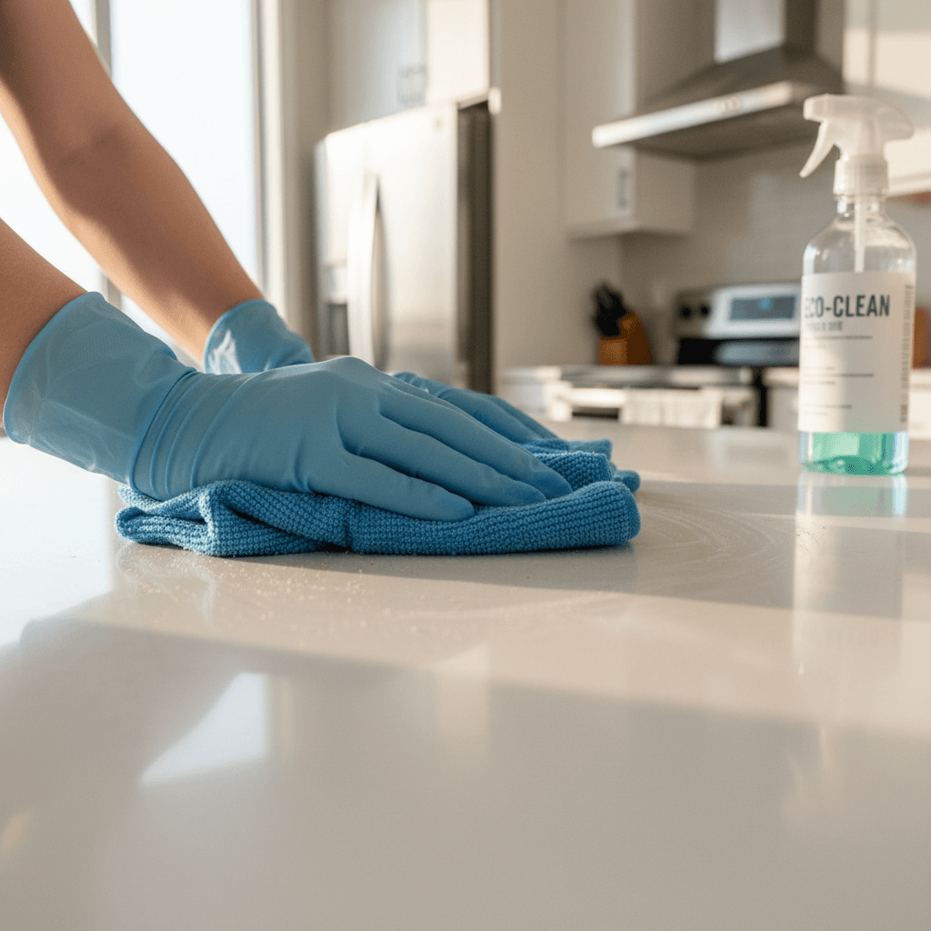Professional cleaner preparing to clean a kitchen countertop