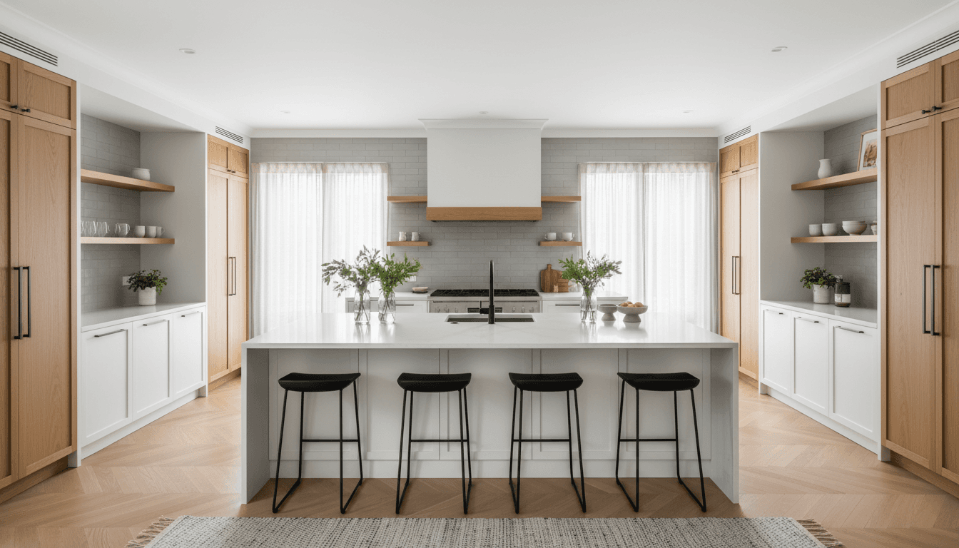 Newly renovated modern kitchen with white cabinetry, wood island, stainless steel appliances, and natural light from windows